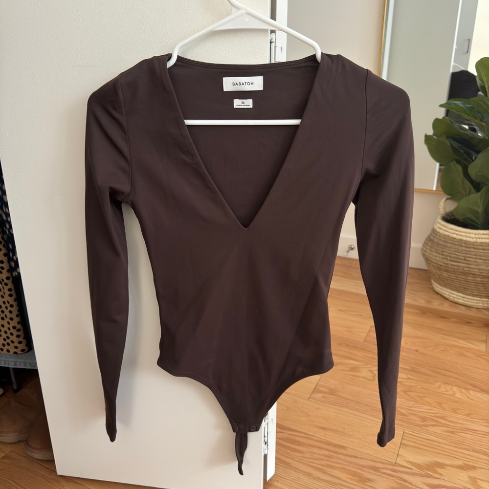 Aritzia Brown Deep V Long Sleeve Bodysuit